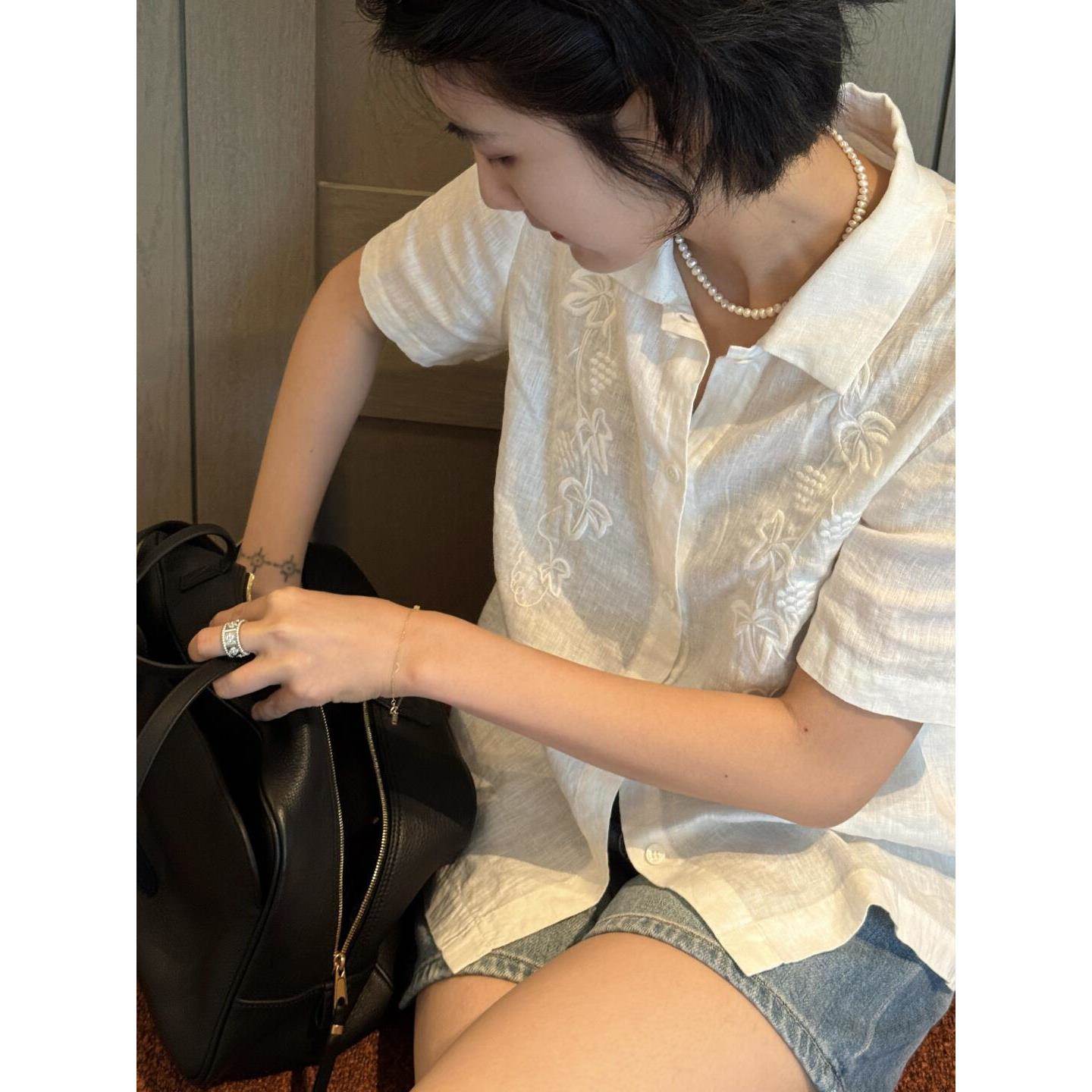 原布棉麻高级感刺绣白色短袖衬衫女休闲宽松百搭绣花上衣外穿
