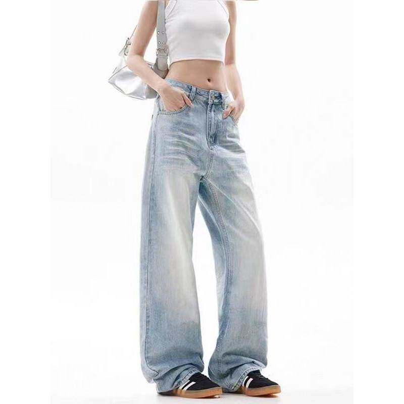 浅蓝色阔腿牛仔裤女夏季薄款折痕水洗高个子加长宽松垂感拖地裤子