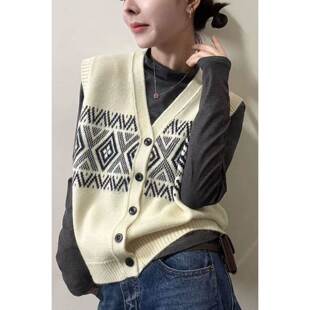 洋气撞色领开衫 背心宽松亲肤针织马甲202早春 马夹韩系休闲无袖