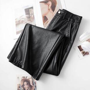 2026气质百搭通勤高腰宽松休闲皮直筒裤 春夏新款 子 阔腿皮裤 时尚