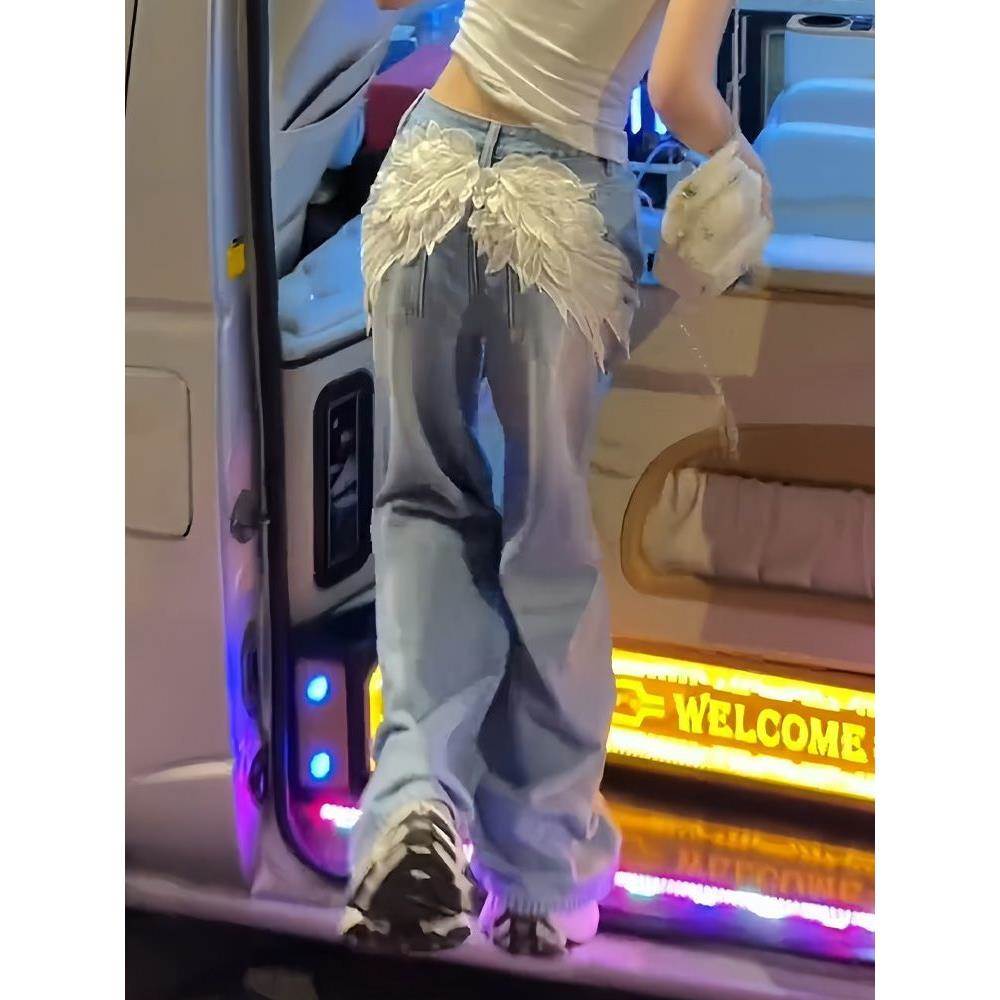 美式大码辣妹烫钻破洞牛仔裤子女春季新款复古翅膀刺绣设计拖地裤
