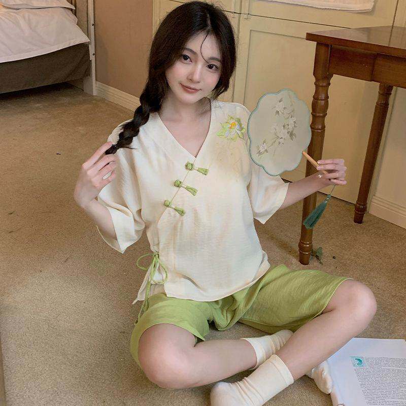 新中式家居服夏季短袖套装大码200斤胖妹改良汉服古风国风睡衣女