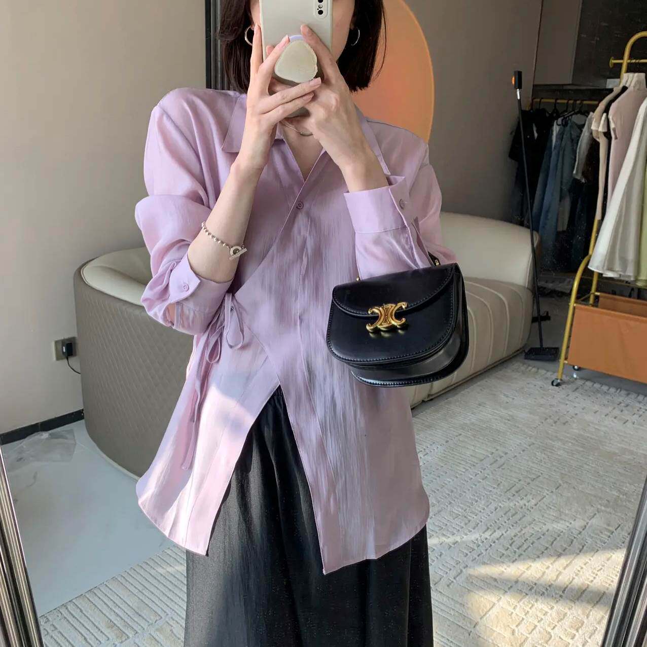 白色天丝轻薄款防不规则衬衫女设计感小众开叉系带法式上衣潮
