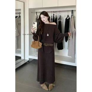 一字领显瘦针织衫 复古气质蝙蝠袖 半身裙两件套女 法式 春夏新款