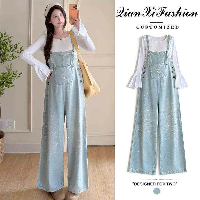 孕妇装春装2026新款背带裤套装孕期时尚洋气宽松牛仔裤春季两件套