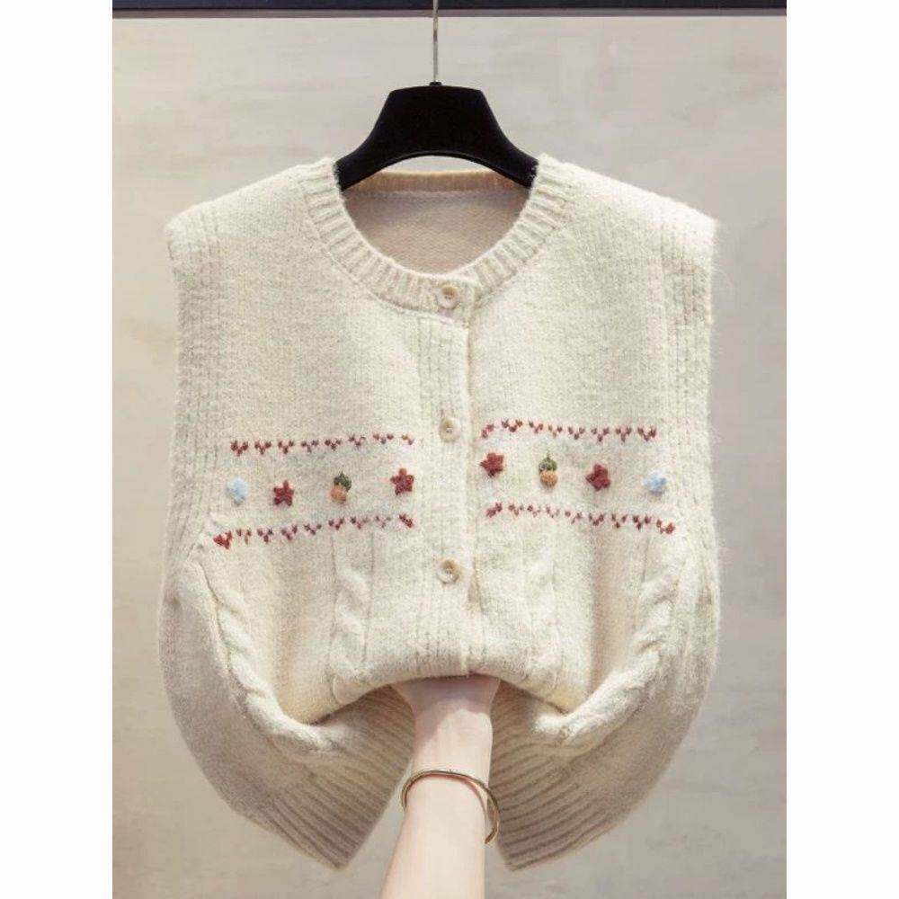 手工花开衫圆领针织马甲背心女2026春夏新款宽松马夹外穿毛衣坎肩