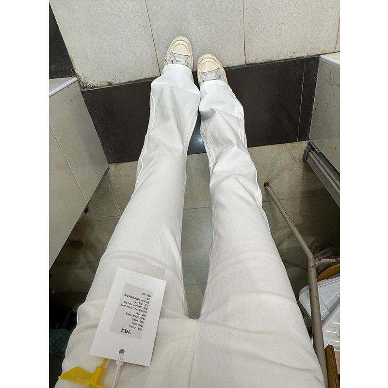 145小个子美式高街白色微喇叭牛仔裤女弹力高腰修身显瘦直筒裤子