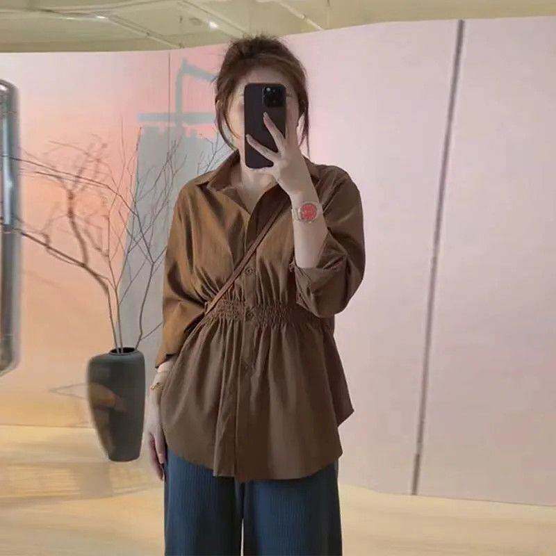 大码法式长袖收腰设计衬衫春秋显瘦新款女装宽松打底洋气上衣
