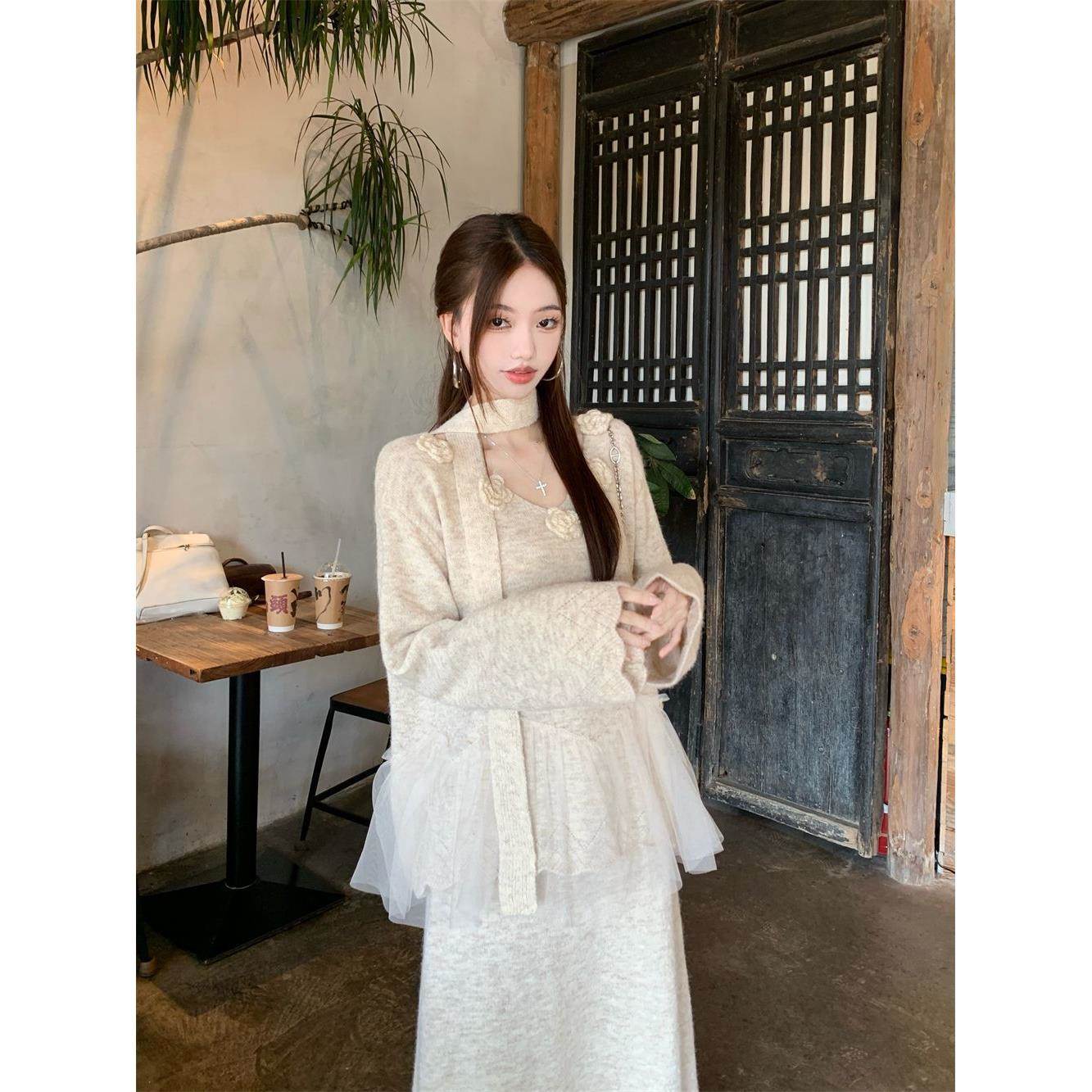 韩系时尚套装女春季新款立体花朵网纱拼接上衣半身长裙两件套女装