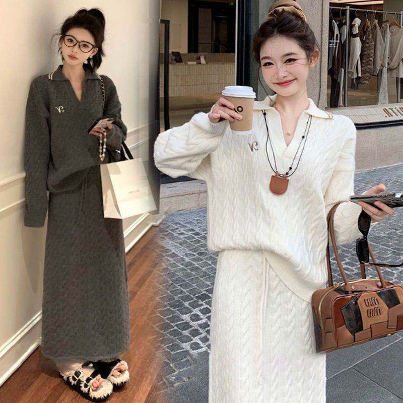 美式慵懒风麻花纹刺绣毛衣套装女宽松设计感半身裙针织两件套春夏