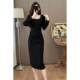 大码 方领钉钻收腰遮肉小黑裙胖妹妹春夏高级感减龄褶皱显瘦连衣裙
