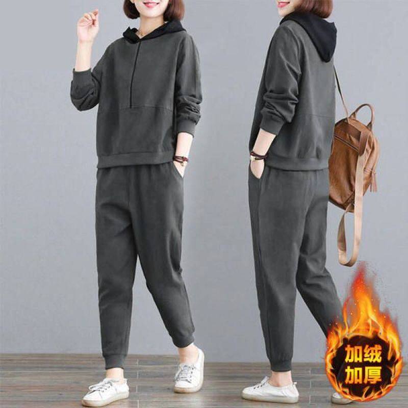 2025年冬新款加绒加厚运动服女冬天保暖休闲连帽卫衣套装一整套装