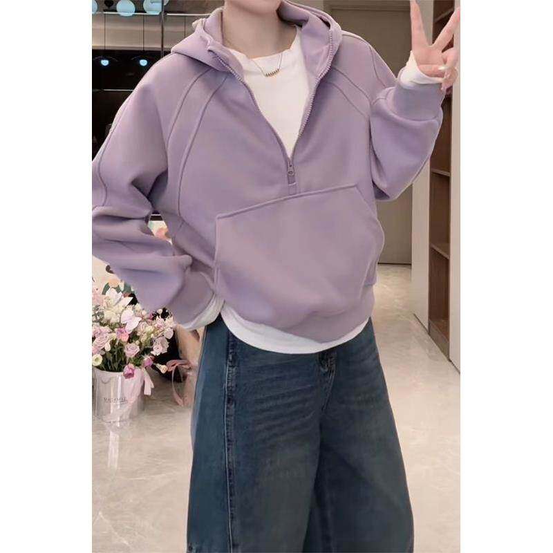 大码美式半拉链连帽卫衣女2026新款爆款春季宽松慵懒风短款上衣潮