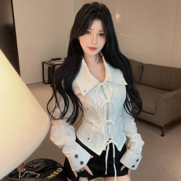设计感酷飙绑带拉链翻领长袖衬衫女收腰小众时尚外套气质性感