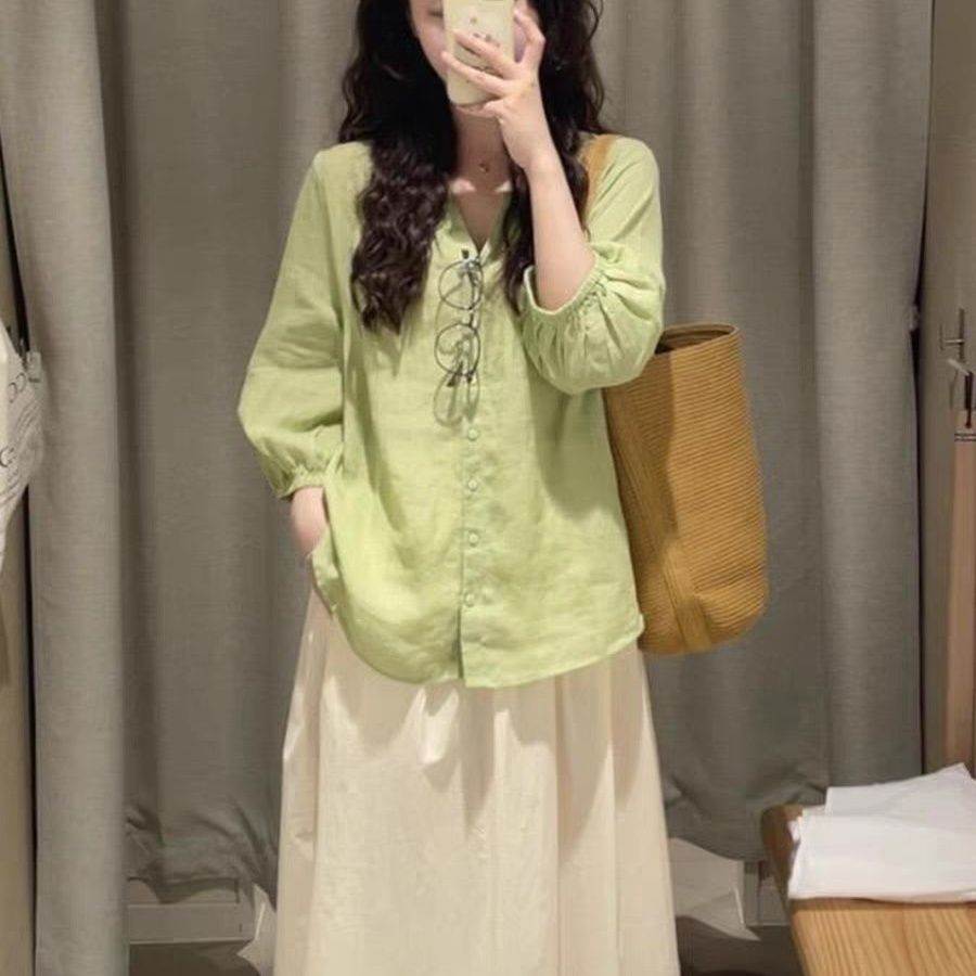 牛油果绿棉薄款衬衫女夏季韩系森系风领洋气宽松透气防晒上衣