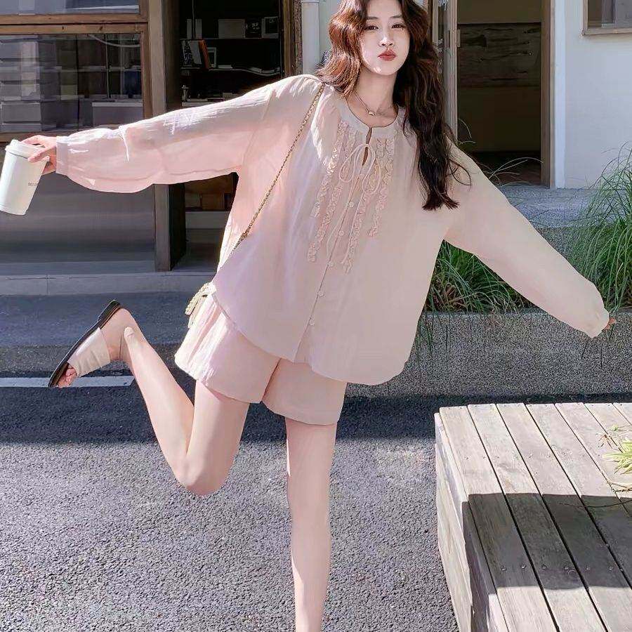 木耳边天丝麻防晒衬衫短裤两件套女2026夏季韩系宽松休闲时尚套装