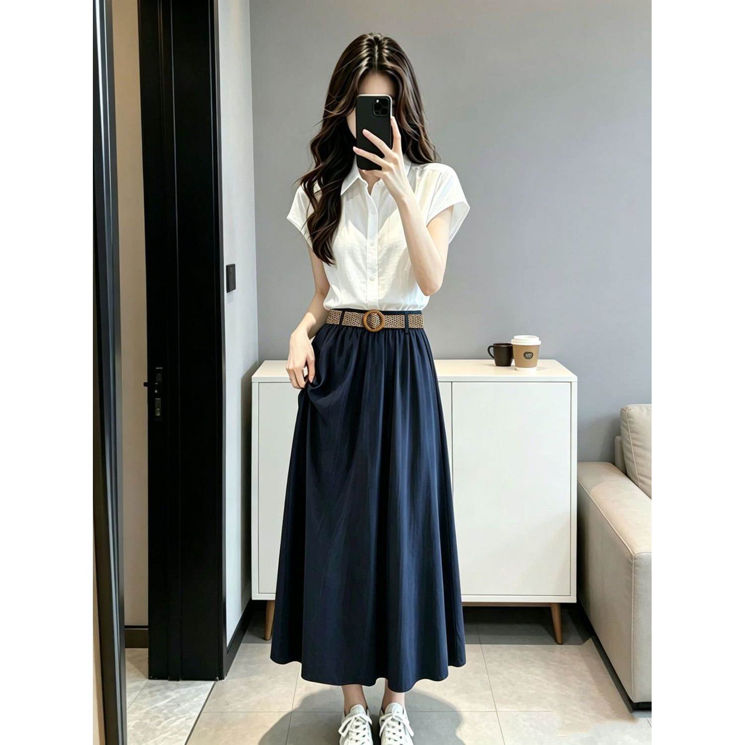 爆款三件套女衬衫半身裙腰带通勤简约减龄洋气时尚工作求职季套装