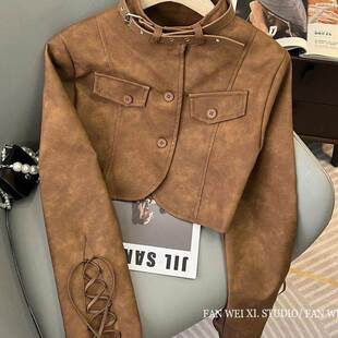 复古性感棕色衣外套女春季 设计感抽绳蝴蝶结辣妹机能风夹克上衣