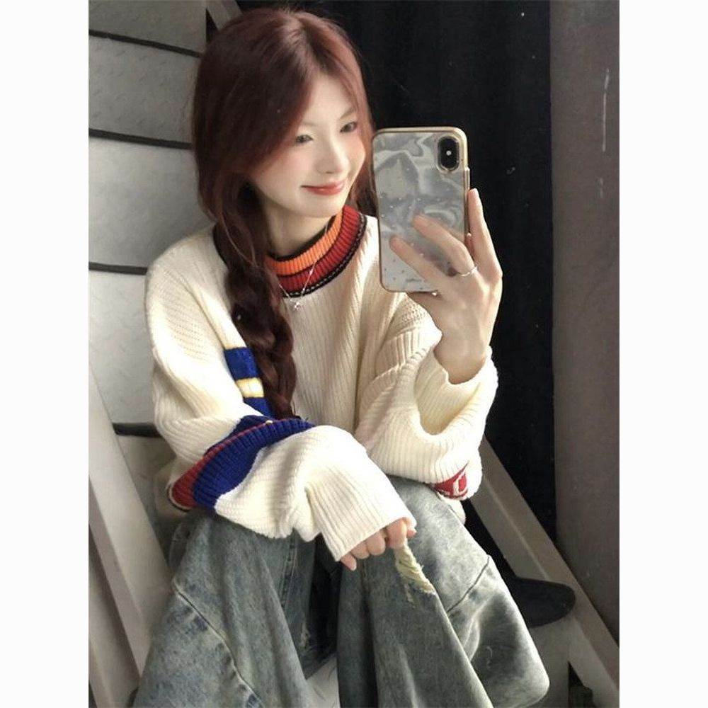 新款美式复古仿半高领羽毛球撞色保暖宽松圆领套头毛衣男女