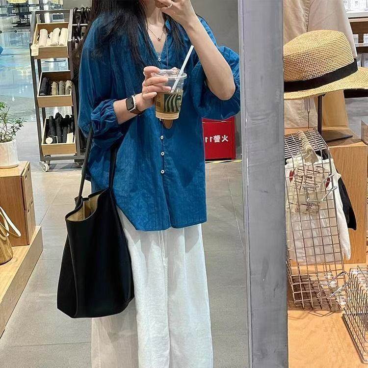 孔雀蓝灯笼袖防晒衬衫外套女夏季薄款透气上衣宽松慵懒气质衬衣