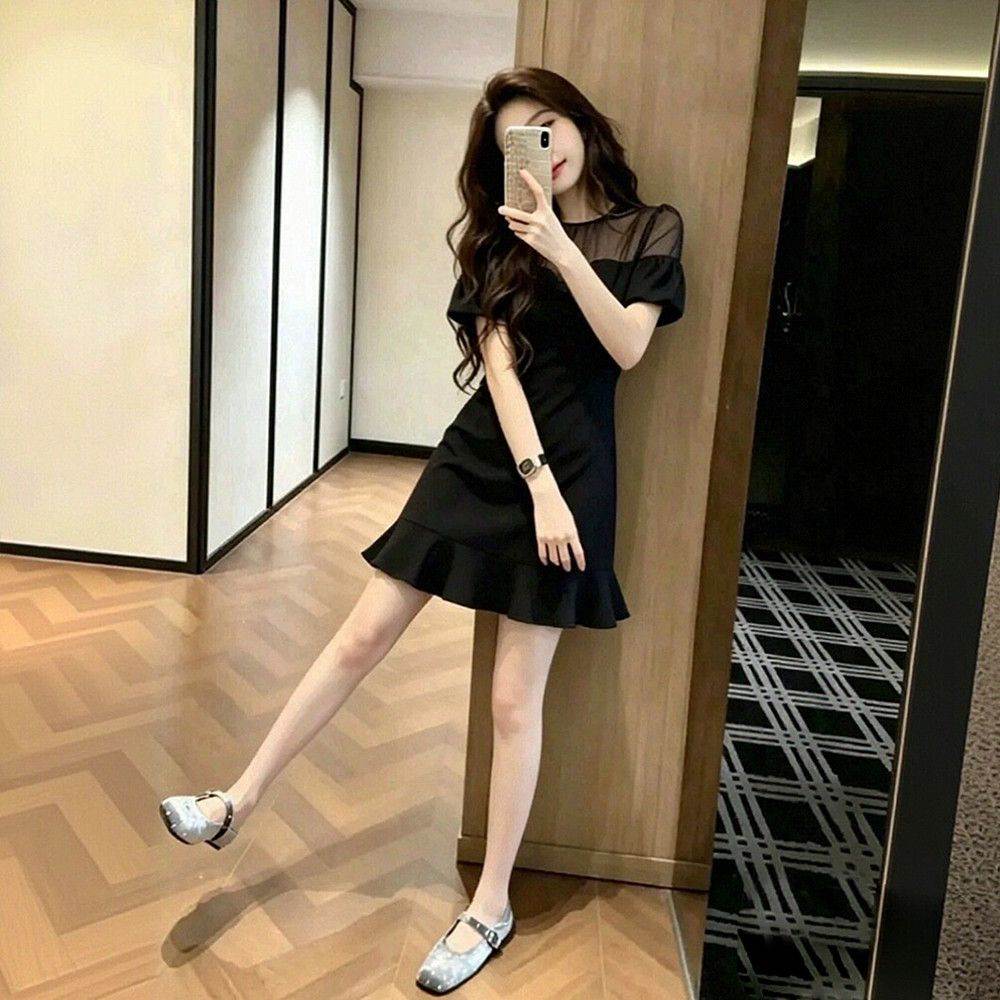 韩系简约高级休闲黑色连衣裙夏季设计宽松气质减龄显瘦短裙