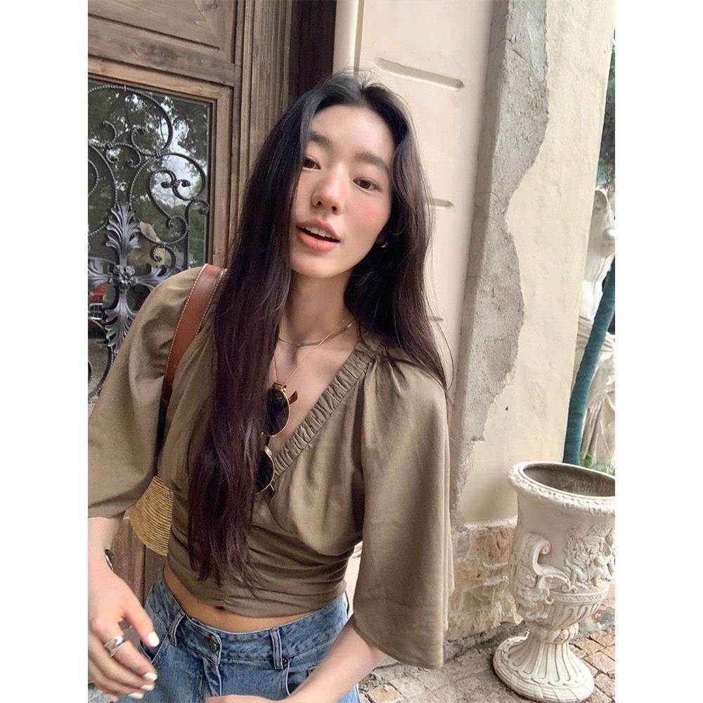 韩系气质松紧腰修身领五分袖恤女夏季新设计感小众高级显瘦上衣