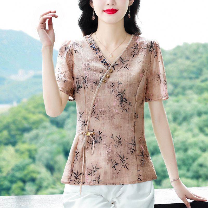 夏季设计感系带国风新中式刺绣领短袖雪纺衬衫修身百搭减龄上衣