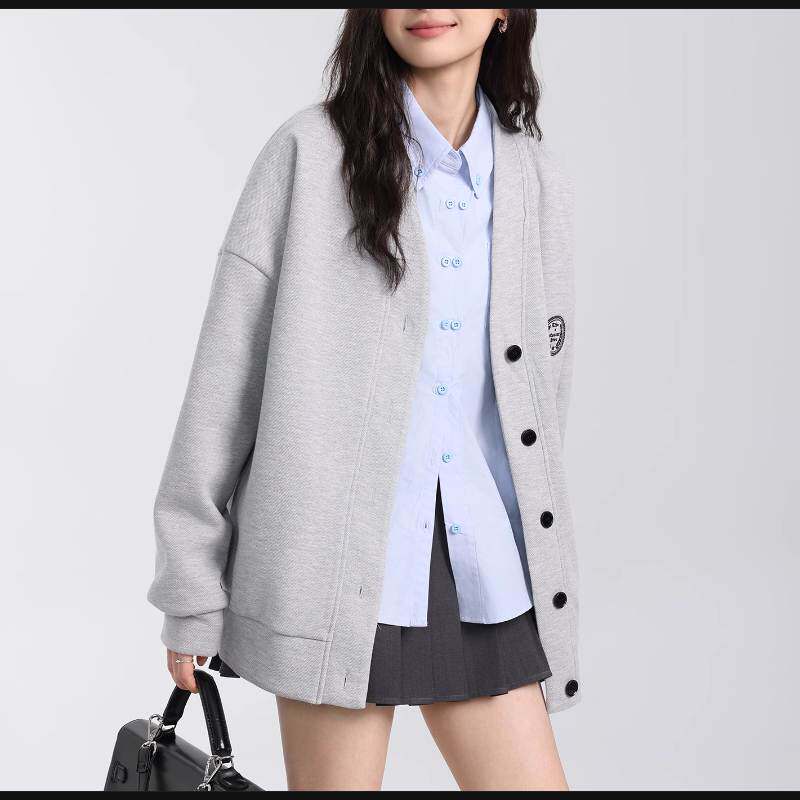 新款灰色开衫卫衣女外套春秋领针织中长款棒球服学院风上衣