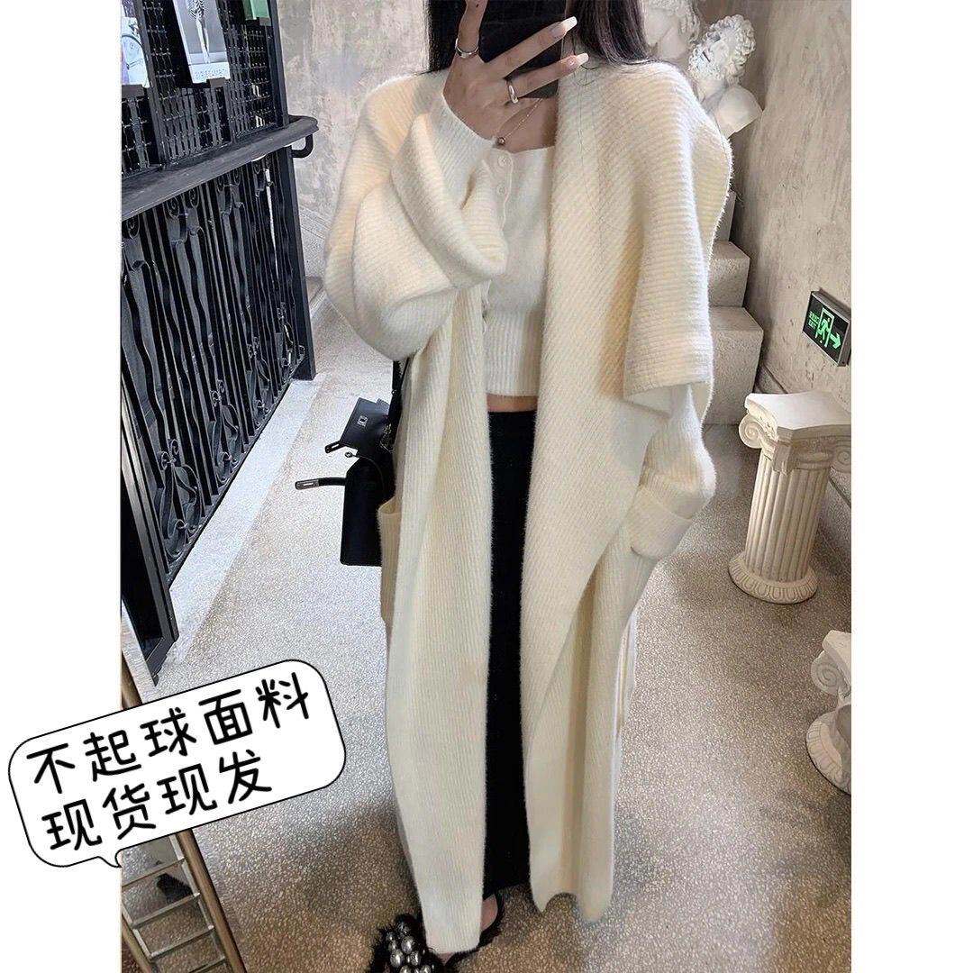 白色大翻领毛衣外套女春季宽松慵懒中长款水貂绒针织外套浴袍大衣