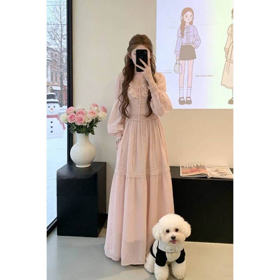 少女风长袖法式早春女款连衣裙泡泡袖女装长款连衣裙