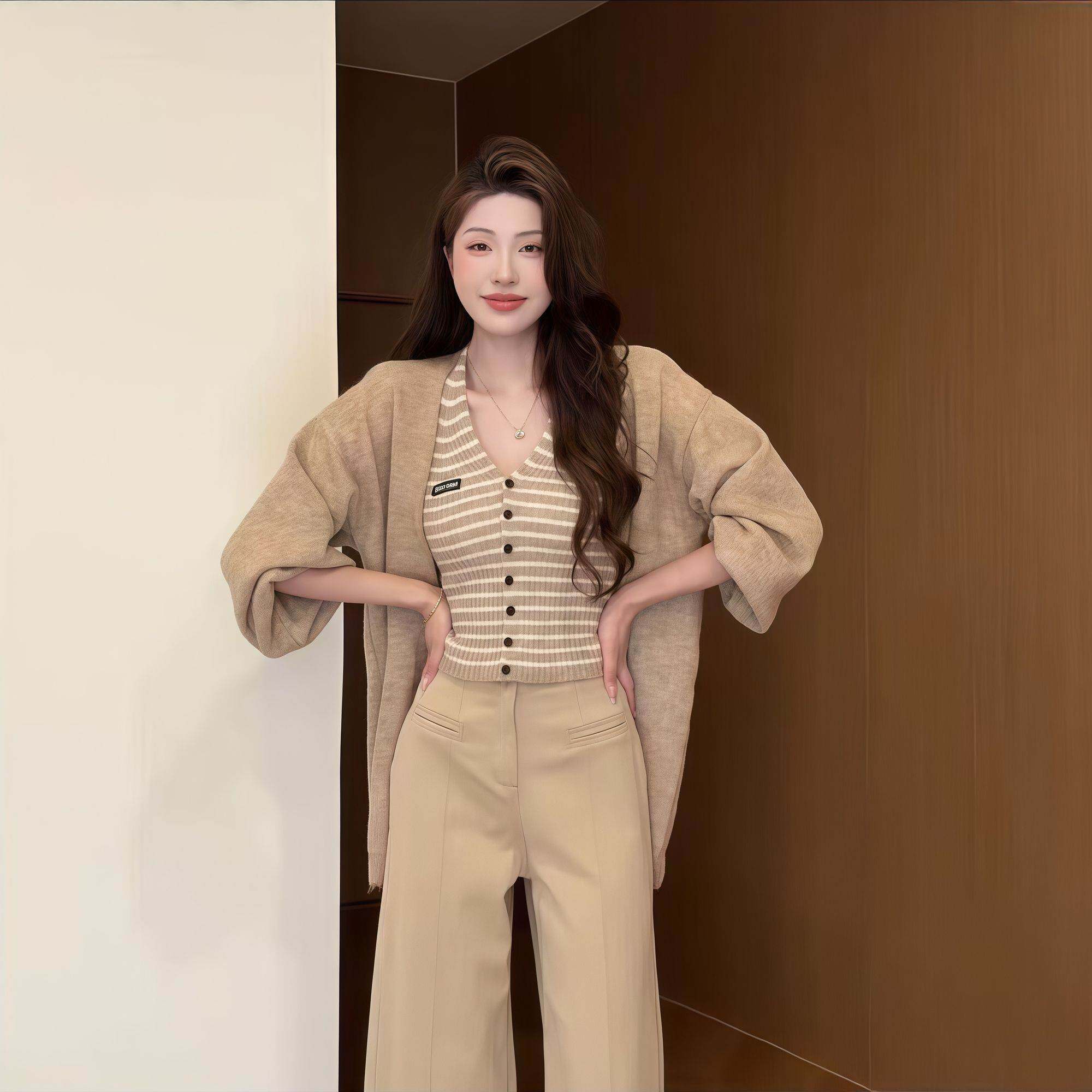 韩版针织开衫条纹背心两件套女2026秋季新款百搭显瘦毛衣套装女