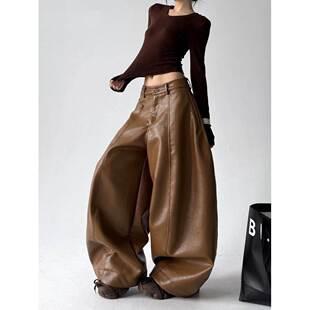潮流高腰百搭显瘦宽松阔腿皮休闲裤 设计皮裤 女2026春夏新款