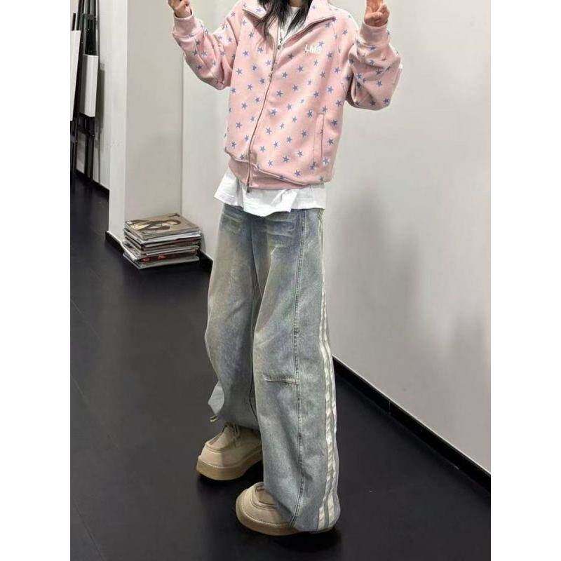 美式复古水洗双杠织带弯刀牛仔裤女秋季设计高街宽松显瘦阔腿长裤
