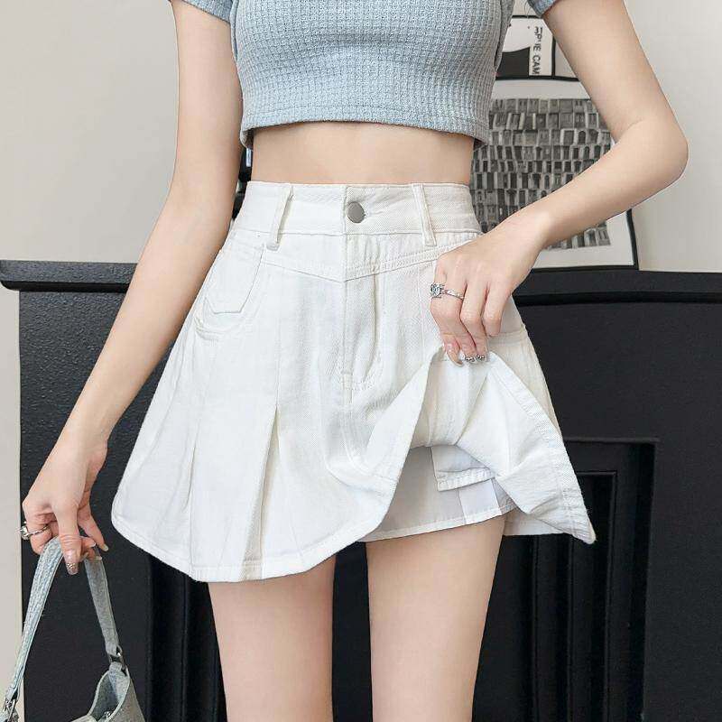 白色牛仔短裙女2026新款夏季高腰辣妹字包臀小个子半身百褶裙子