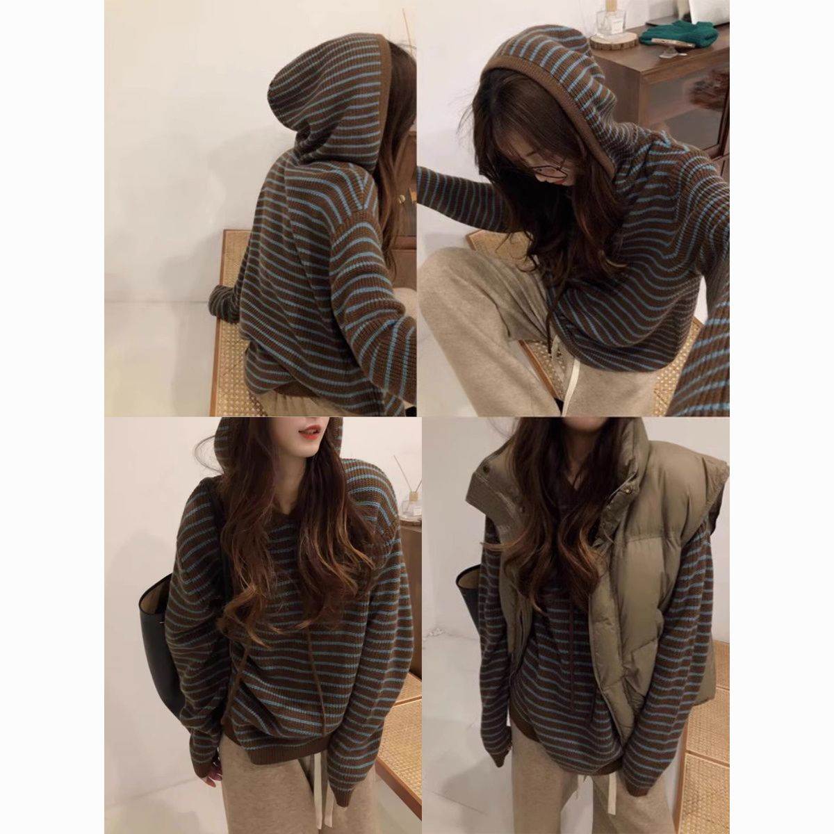 秋季新款宽松软糯慵懒风针织连帽条纹毛衣外套女秋冬
