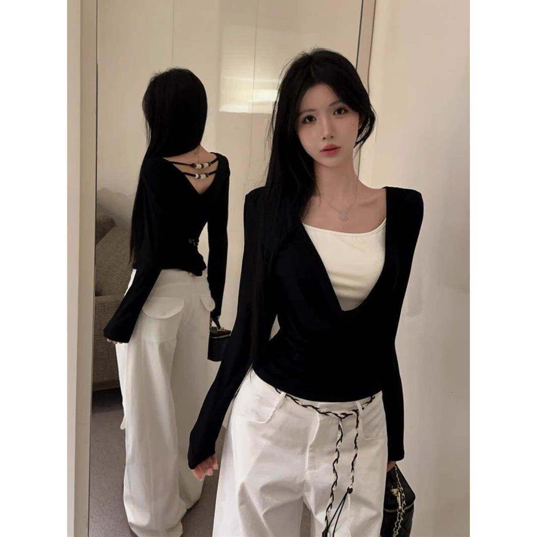 韩系辣妹露背串珠黑色荡领长袖恤女春秋假两件修身纯欲打底上衣
