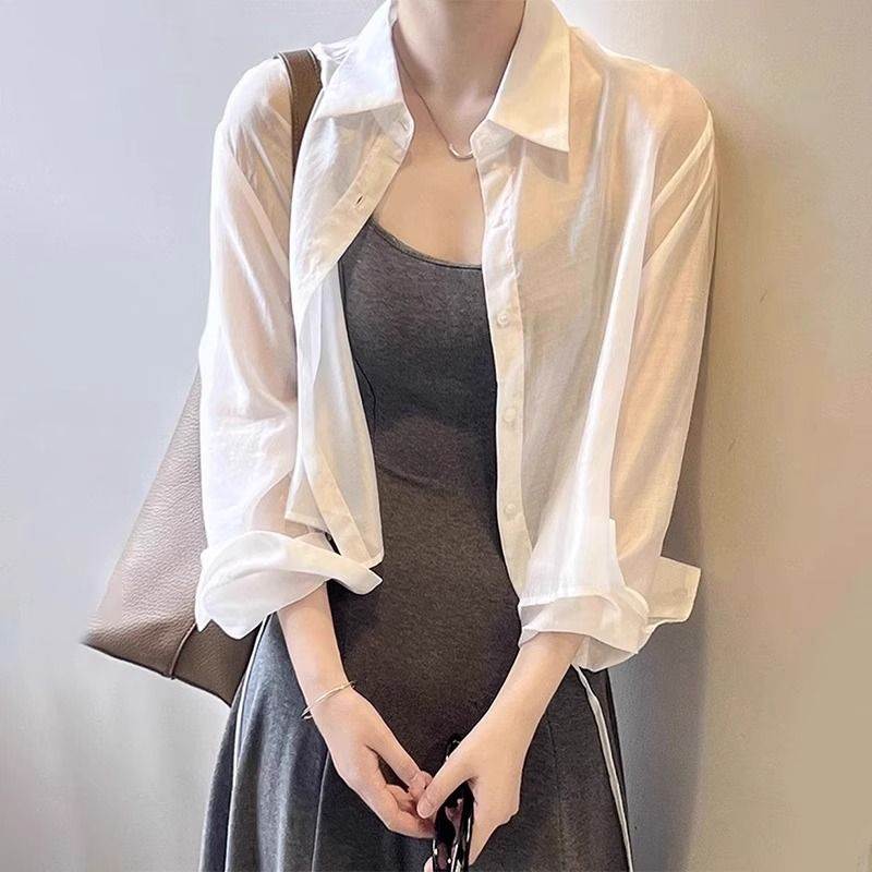 白色长袖衬衫女夏季薄款外穿衬衣小个子法式短款上衣防晒开衫外套