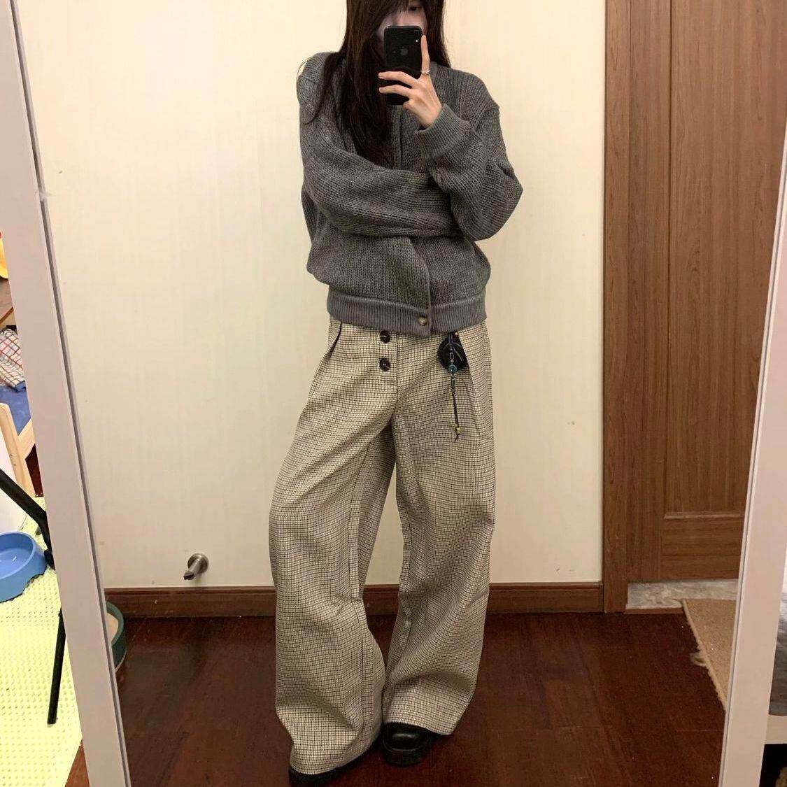 美式复古老钱棕千鸟格褶皱排扣字阔腿西裤通勤百搭长裤