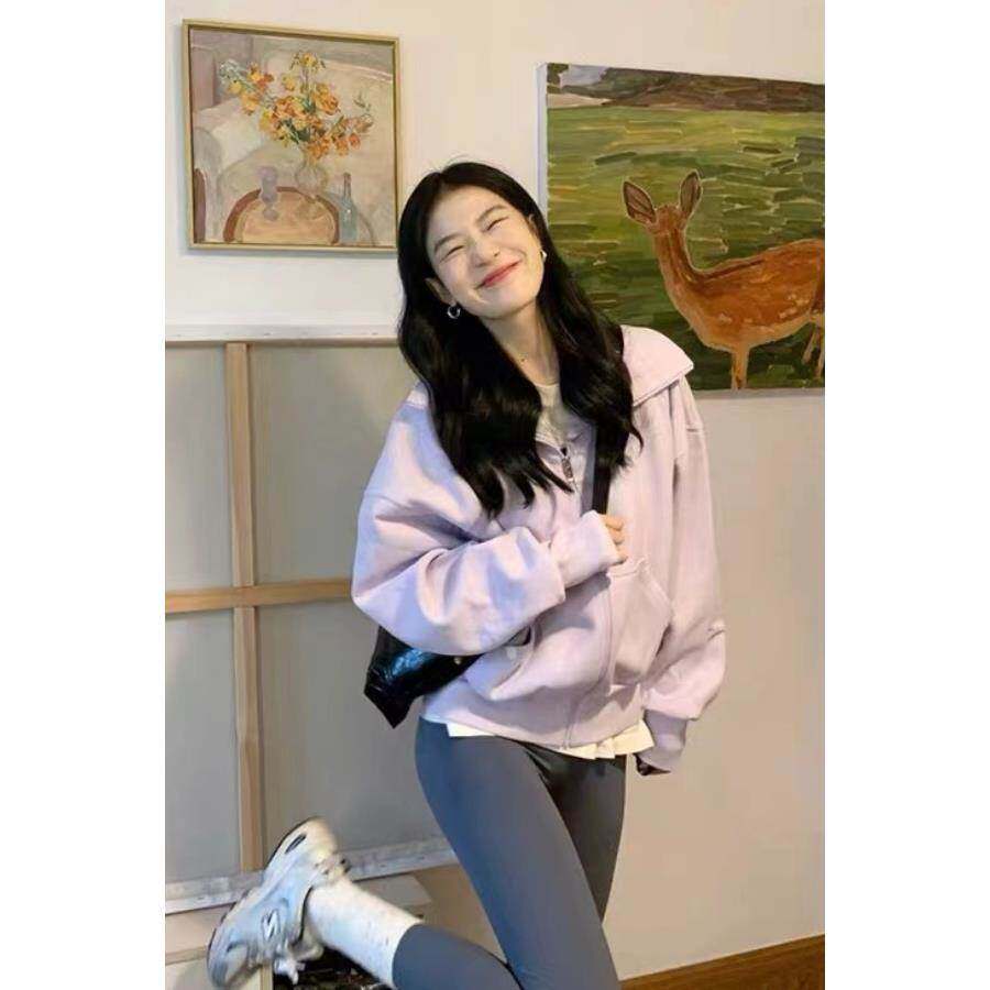 美式复古紫色学生卫衣女款春季小众高级感休闲运动开衫上衣外套女