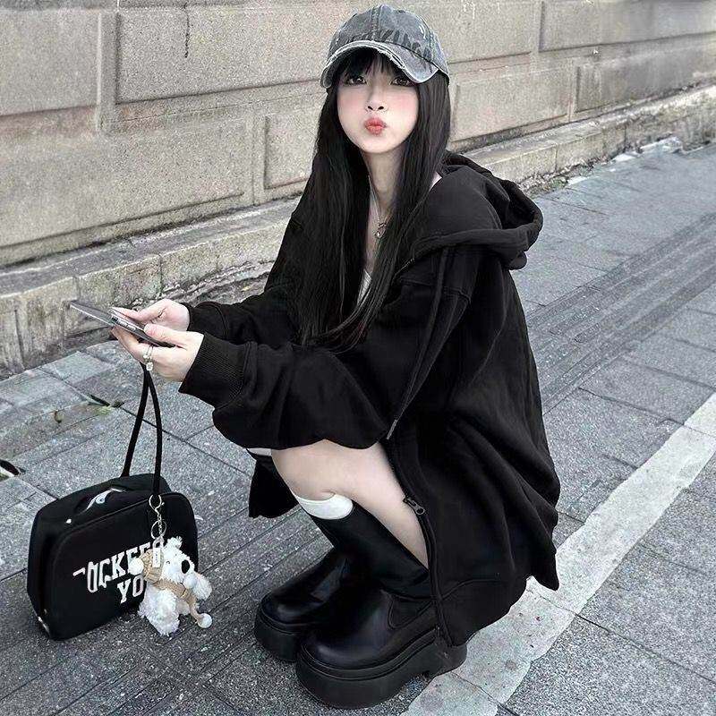 黑色连帽卫衣外套女春夏加绒2026新款春秋爆款开衫宽松巨好看上衣