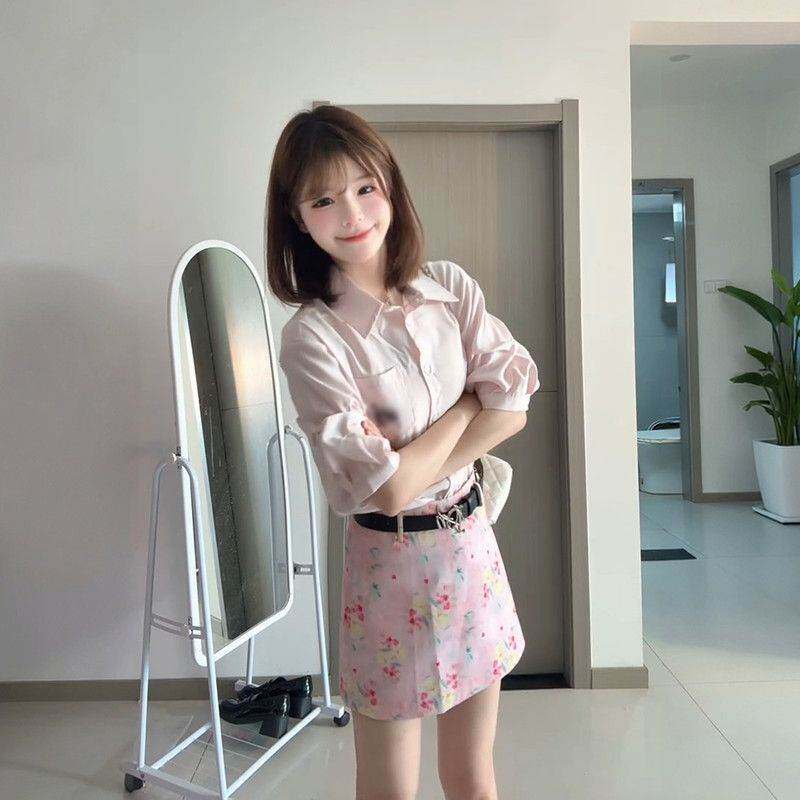 韩版甜美温柔风氛围感穿搭粉色领衬衫高腰油画半身短裙