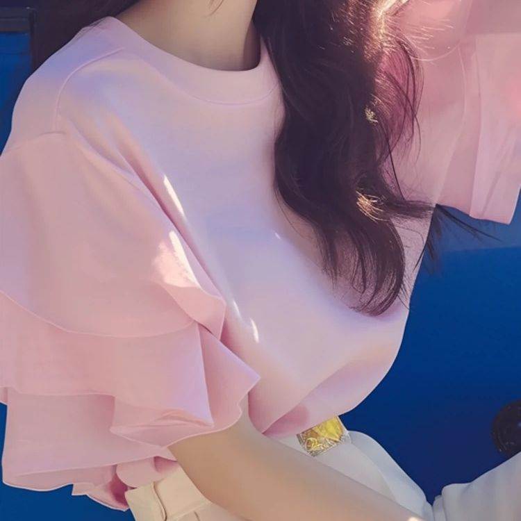 夏季韩系洋气减龄独特别致漂亮上衣时尚粉色荷叶边短袖恤女