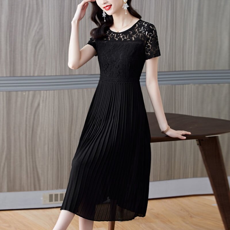 大码蕾丝连衣裙女夏装2025新款白色雪纺大摆百褶裙子飘逸仙气长裙