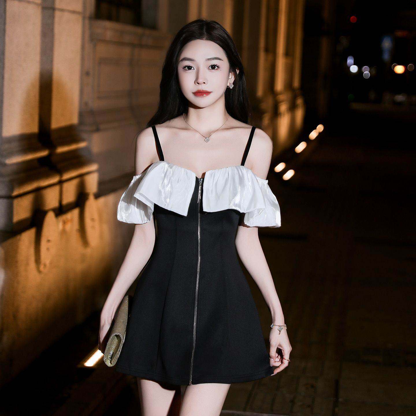 名媛气质吊带字裙显瘦修身大码女装夜场主播服装低胸性感纯欲风