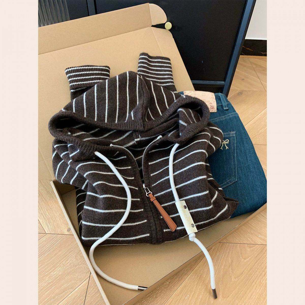咖色加厚条纹连帽针织毛衣开衫外套女士韩系设计感上衣