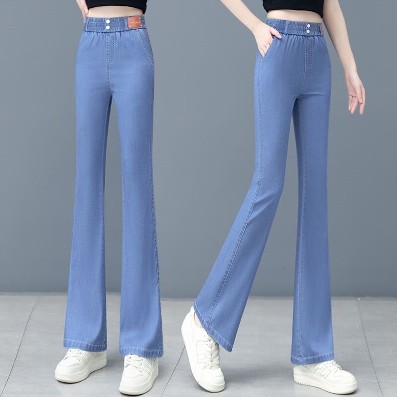 莱赛尔天丝牛仔裤女2025夏季九分新款微喇松紧高腰显瘦薄款喇叭裤