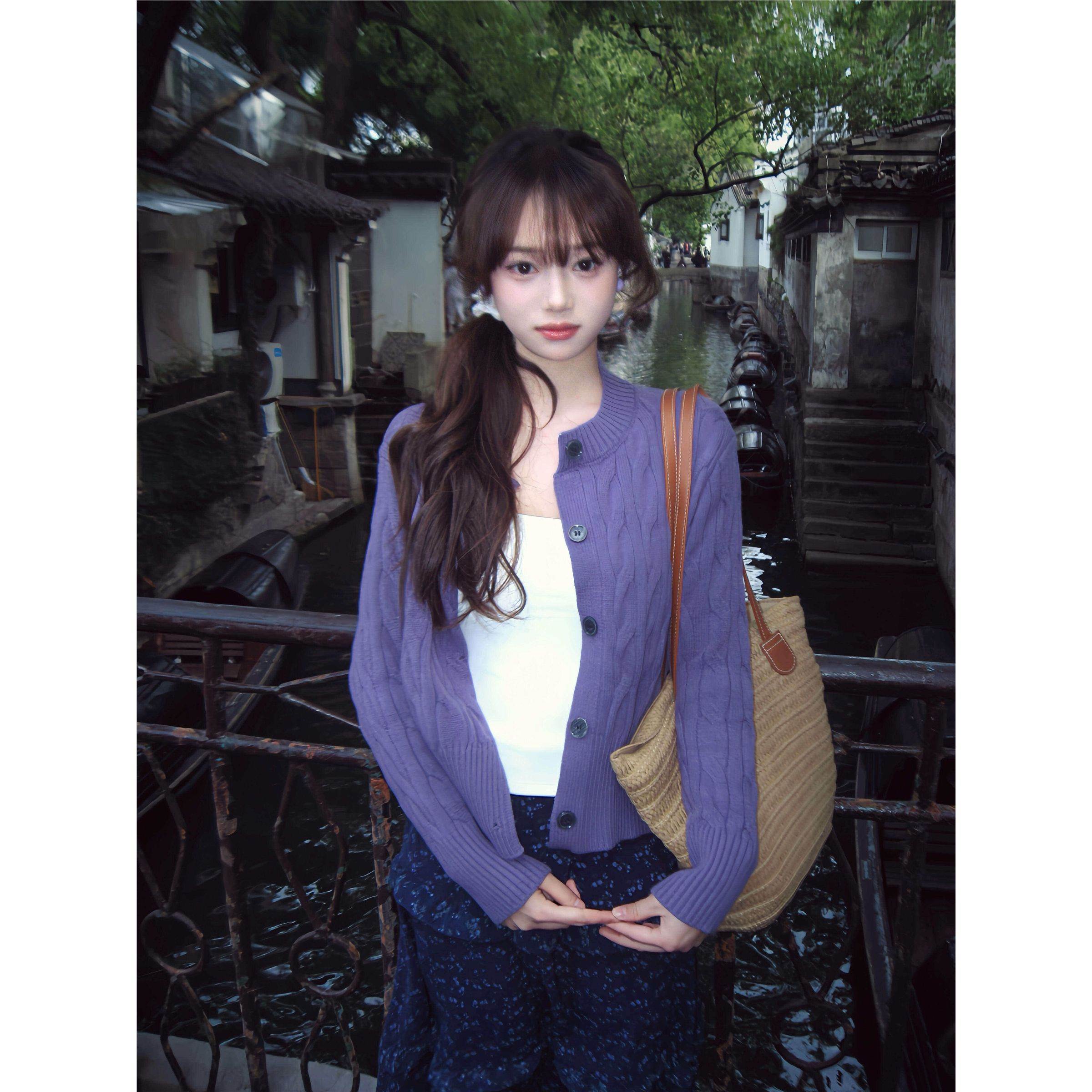 温柔风紫色针织开衫女春季纽扣短款毛衣外套松弛风高级感穿搭上衣