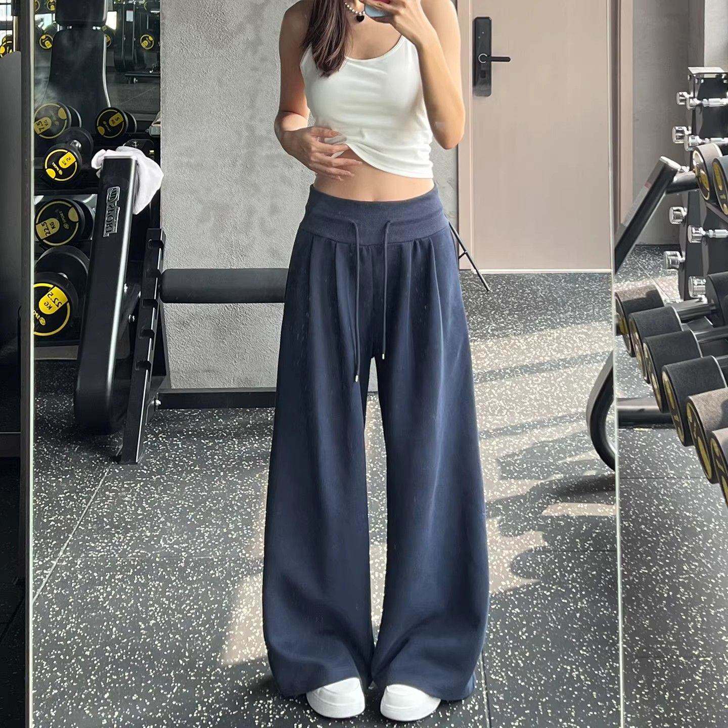 藏青色低腰美式运动裤女2026春夏季新款垂感显瘦休闲宽松阔腿卫裤