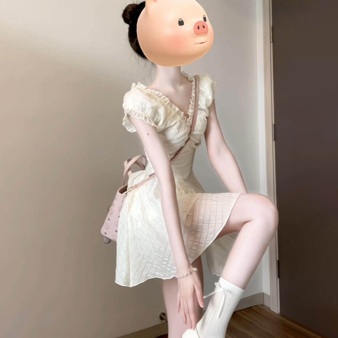 夏季2026新款女泡泡袖白色衬衫连衣裙收腰小个子学院风小众设计感