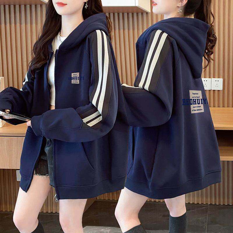 大码胖洋气显瘦连帽卫衣女秋春季中长款宽松薄款开衫外套上衣服